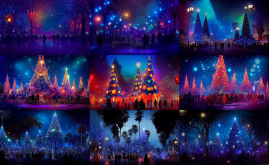 Christmas show on the streets of Los Angeles. Cartoon style. Multi colored fairy lights for the Christmas tree. Advertising for books, illustrations and cartoons.