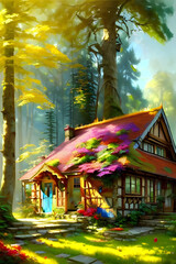 an old, enchanted and overgrown wooden house / mansion with elaborate wall painting in a fabulously imaginative colourful forest on a sunny day, bright colours, colourful leaves, painting 