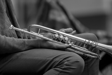 Close Up Of A Trumpet Player At Amsterdam The Netherlands 2019 In Black And White