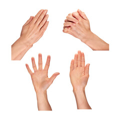 Female, women's hands with fingers held together and held up as a stop sign isolated against a...