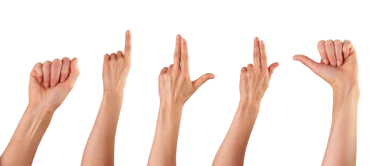 Female, women's hands with fingers pointing isolated against a transparent background.