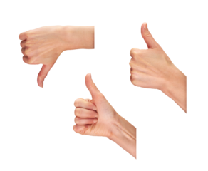 Female, women's hands with thumbs up sign isolated against a transparent background.