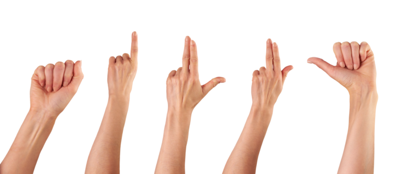 Female, women's hands with fingers pointing isolated against a transparent background.