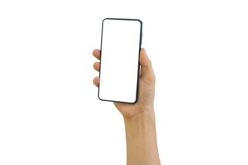 Hand holding mobile phone with blank transparent screen and background- PNG format.