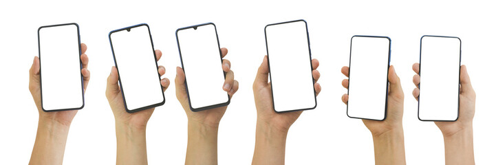 Set of Hand holding mobile phone with blank transparent screen and background- PNG format.