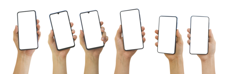 Set of Hand holding mobile phone with blank transparent screen and background- PNG format.