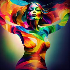 Psychedelic portrayal of a female figure with flowing curves in a mesmerizing blend of vivid colors, ideal for artistic and modern design themes..  generative ai 