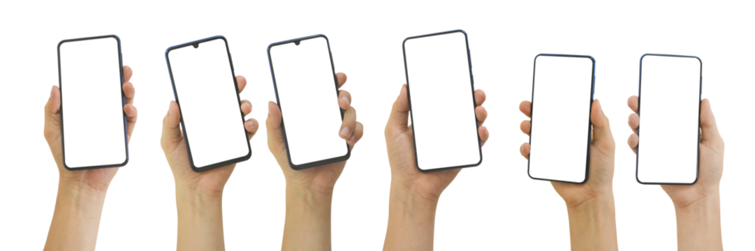 Set of Hand holding mobile phone with blank transparent screen and background- PNG format.