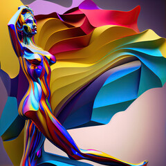 Psychedelic portrayal of a female figure with flowing curves in a mesmerizing blend of vivid colors, ideal for artistic and modern design themes..  generative ai 