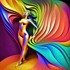 Vibrant multicolored depiction of a female form with fluid waves and swirls. Radiates surreal artistry, perfect for modern design, ads, and creative projects.  generative ai   