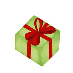 Green gift box with red bow.