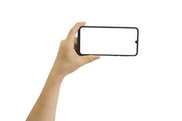 Hand holding mobile phone with blank transparent screen and background- PNG format.