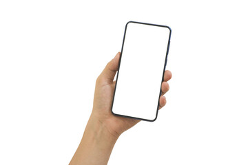 Hand holding mobile phone with blank transparent screen and background- PNG format.