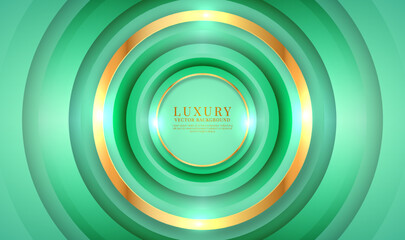 3D green luxury abstract background overlap layers on bright space with golden circles decoration. Graphic design element twist style concept for banner, flyer, card, brochure cover, or landing page