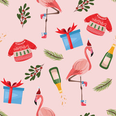 Christmas seamless background with flamingo, gift boxes, sweater, bottle,  pine branches, berries.