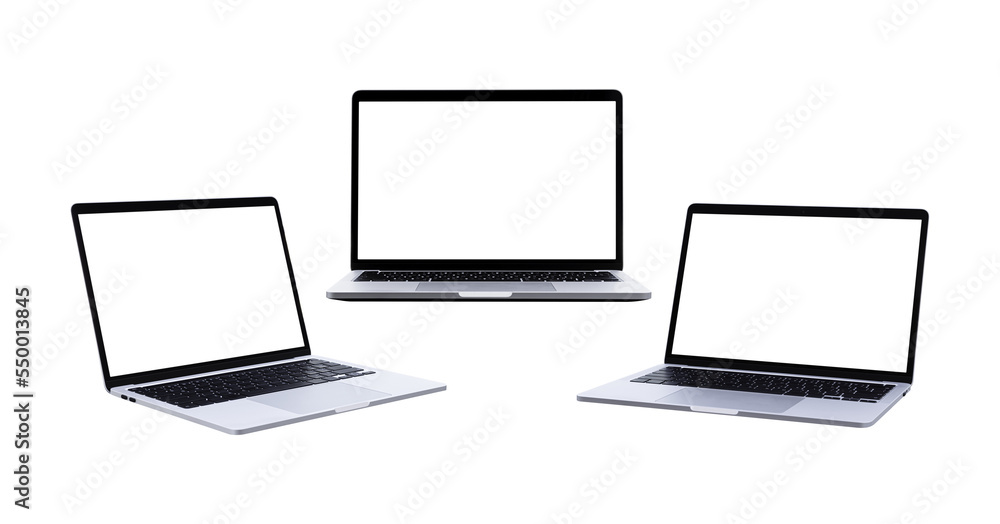 Wall mural laptop computer with blank transparent screen and background- png format.