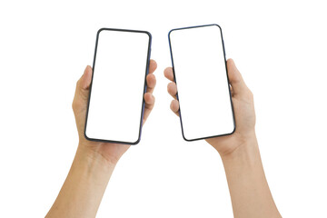 Hand holding mobile phone with blank transparent screen and background- PNG format.