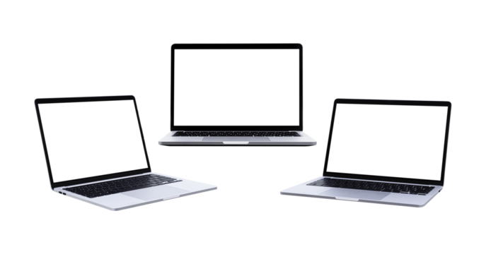 Laptop computer with blank transparent screen and background- PNG format.