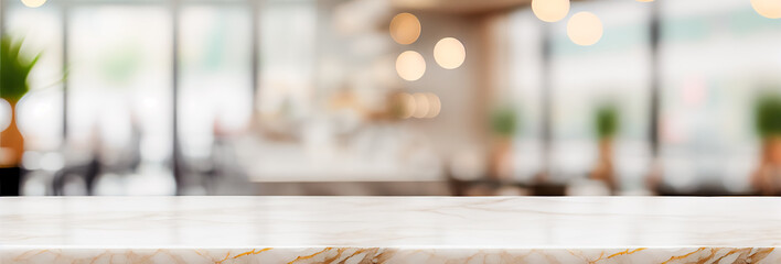 Marble table top and blurred restaurant interior background with vintage filter - can used for display or montage your products.
