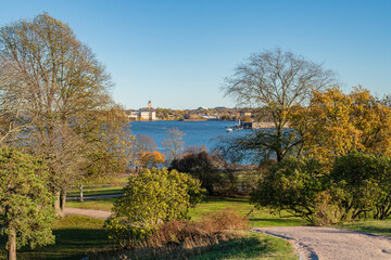 View of The Kaivopuisto park, Gulf of Finland and Suomenlinna on the background in autumn, Helsinki, Finland