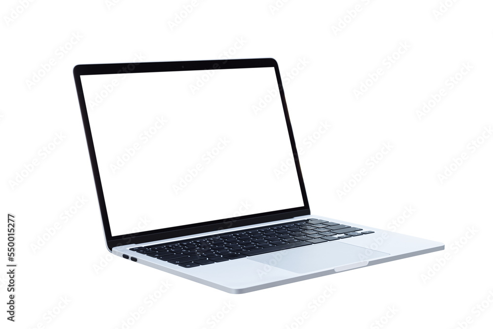 Wall mural laptop computer with blank transparent screen and background- png format.