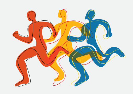 
Running race, marathon, jogging, line art stylized. 
Stylized illustration of three running racers. Continuous line drawing design.Isolated on white background. Vector available.