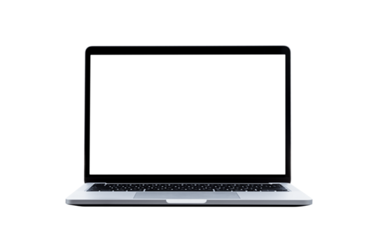 Laptop computer with blank transparent screen and background- PNG format.