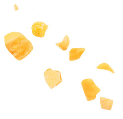 Flying Parmesan cheese pieces  isolated on white background. Hard mature cheese Parmigiano top...