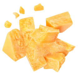 Parmesan cheese pieces  isolated on white background. Hard mature cheese Parmigiano top view, flat lay. .