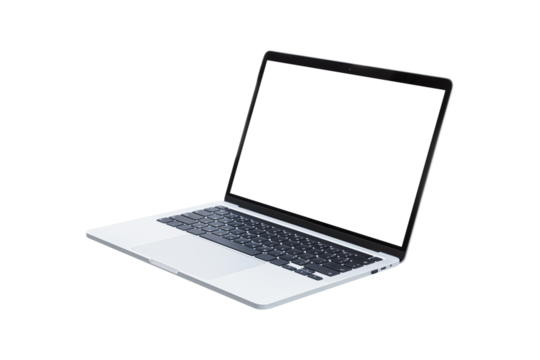 Laptop computer with blank transparent screen and background- PNG format.