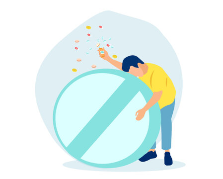 Vector of a sad man in depression hugging a pill. Concept of drug addiction.