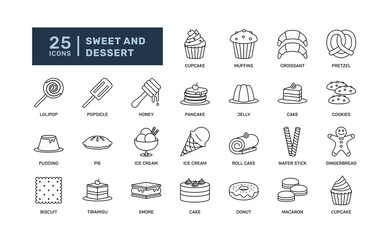 sweet dessert cake bakery food snack restaurant meal detailed thin outline line icon set. simple vector illustration