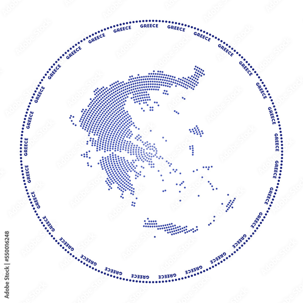 Poster greece round logo. digital style shape of greece in a dotted circle with the country name. tech icon