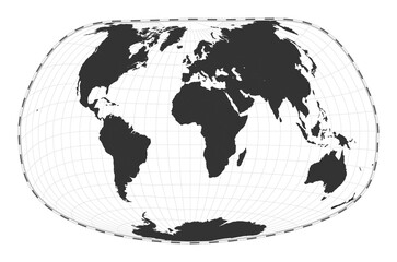 Vector world map. Jacques Bertin's 1953 projection. Plan world geographical map with latitude/longitude lines. Centered to 0deg longitude. Vector illustration.