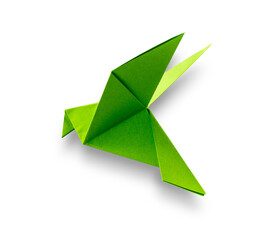 Green paper dove origami isolated on a white background - obrazy, fototapety, plakaty