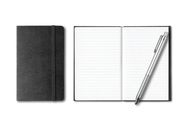 Black closed and open notebooks with pen isolated on white