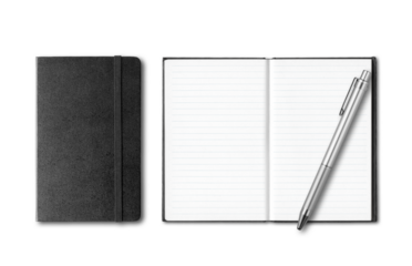 Black closed and open notebooks with pen isolated on white