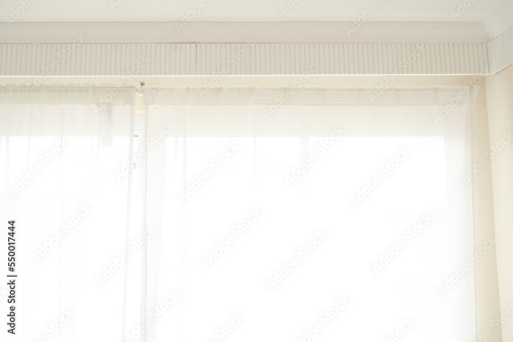 Poster white curtain wavy with a pattern background. transparent curtain on the window