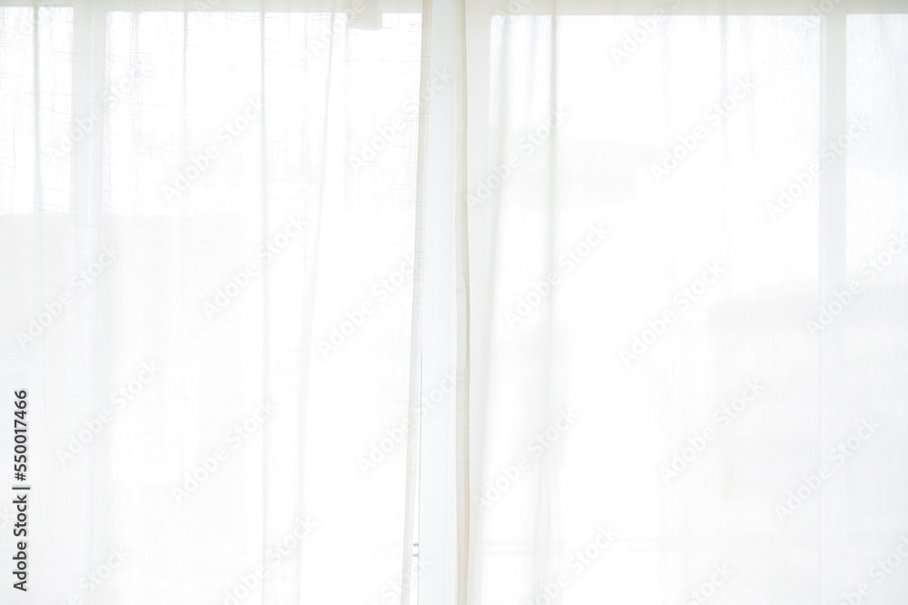 Poster white curtain wavy with a pattern background. transparent curtain on the window