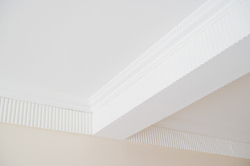 Detail of corner ceiling with intricate crown molding in the white room