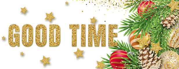 good time in Happy New Year banner template with copy space. light bulbs and stars. Winter Holiday card concept. Christmas Tree With Baubles.