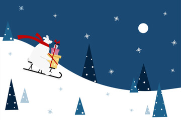 Cute Christmas vector illustration of a polar bear on the sleigh with red scarf is holding stack of presents, carrying to home against dark sky, snow and moon. Christmas preparations.