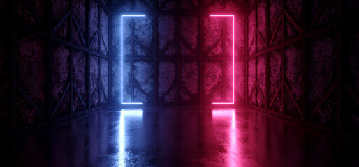 Neon Laser Cyber Purple Red Blue Square Frame Lights On Medieval Wood Grunge Tunnel Corridor Concrete Glossy Cement Floor Showroom Club Dark Stage 3D Rendering © IM_VISUALS