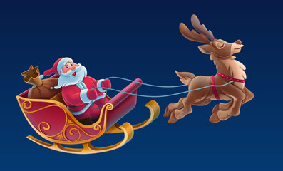 santa claus flies with sleigh delivering presents christmas with reindeer