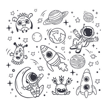 set of cosmos in doodle style: astronaut, planets, stars, rocket and alien, monster for design. Science space exploration.Vector