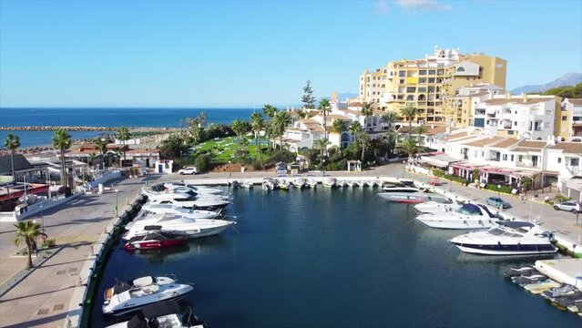 Aerial views of Cabopino marina in Marbella, Spain