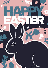 Happy Easter card with bunny, flowers, and eggs. Vector modern bright illustration.