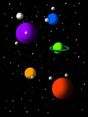 Digital Illustration of Colorful Planets with Moons