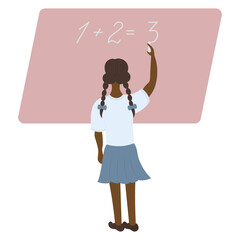 The schoolgirl writes on the blackboard with chalk. A student solves a math problem. Vector illustration. African American girl with pigtails, view from the back. School theme. Flat style. 