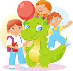 dinosaur holding balloon around joyful kids